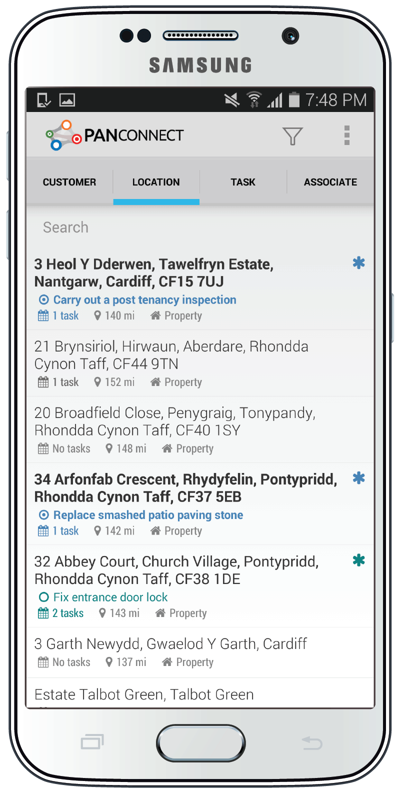 PanConnect Mobile displaying locations list