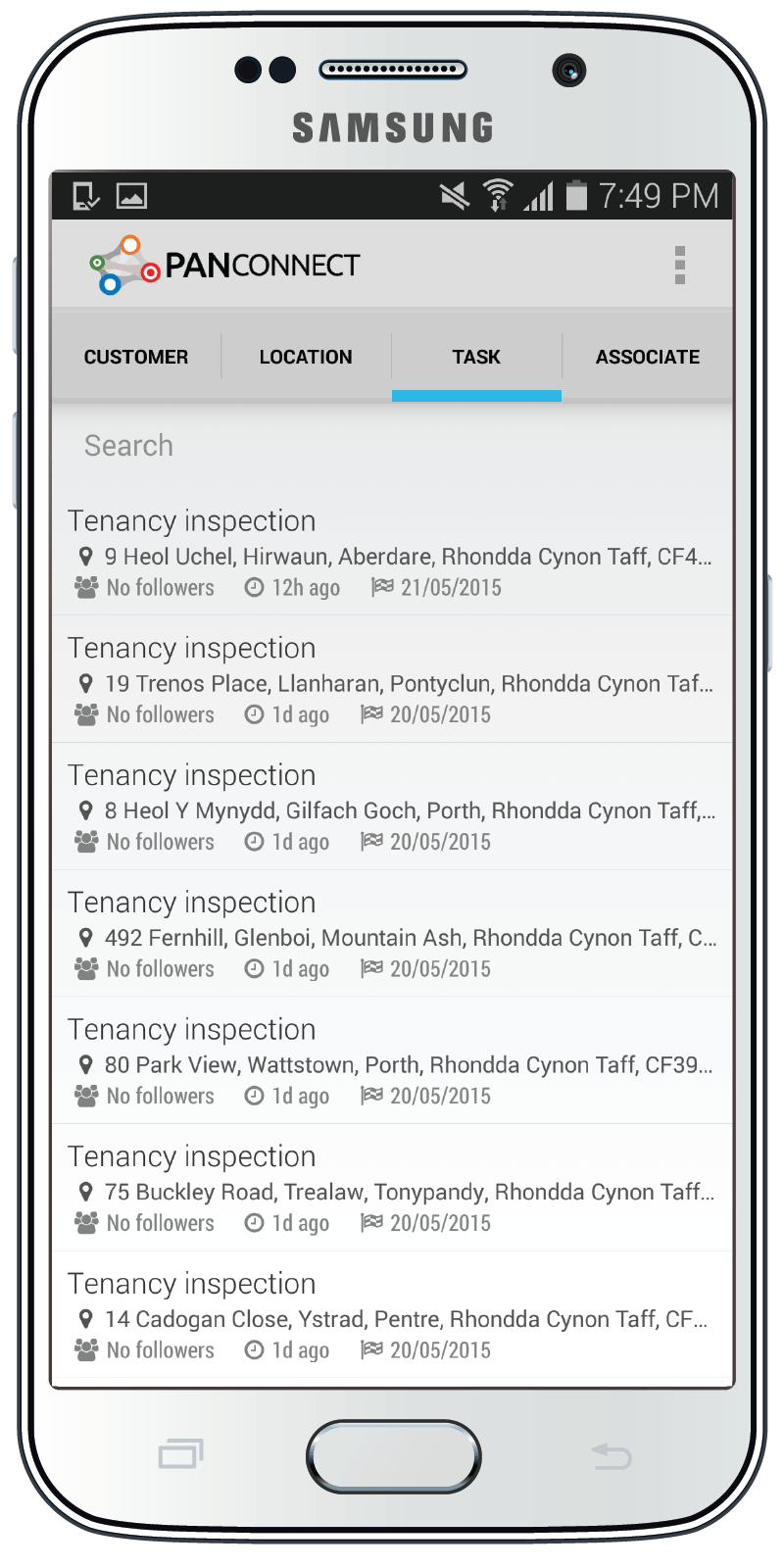 PanConnect Mobile displaying tasks list