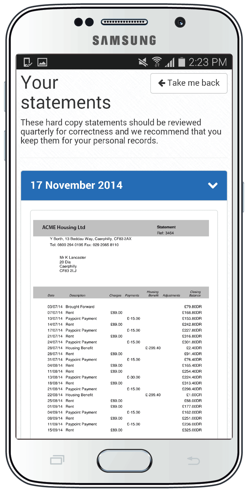 PanConnect Self-Service displaying account statements